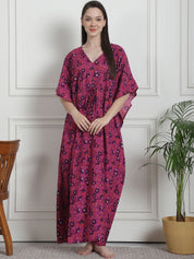 Floral Print Purple Cotton Kaftan Nighty