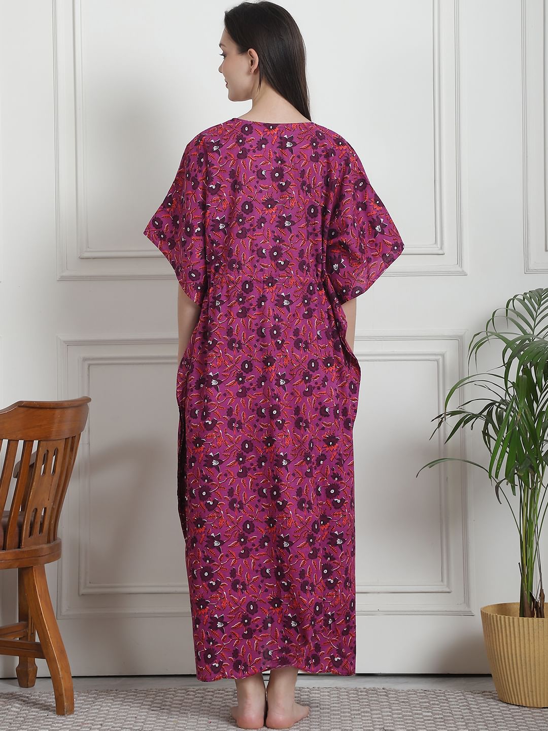 Floral Print Purple Cotton Kaftan Nighty