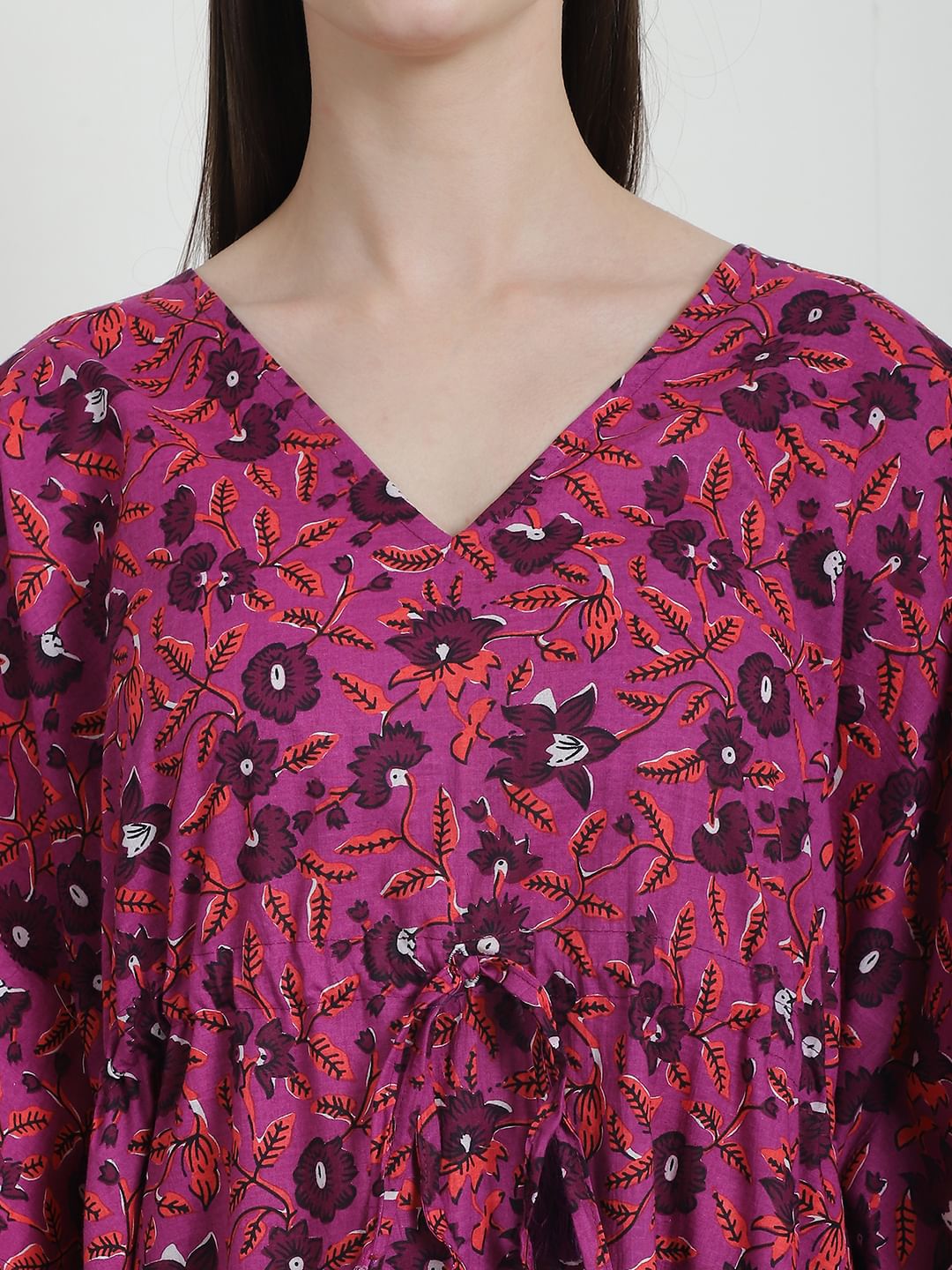 Floral Print Purple Cotton Kaftan Nighty