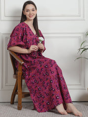Floral Print Purple Cotton Kaftan Nighty