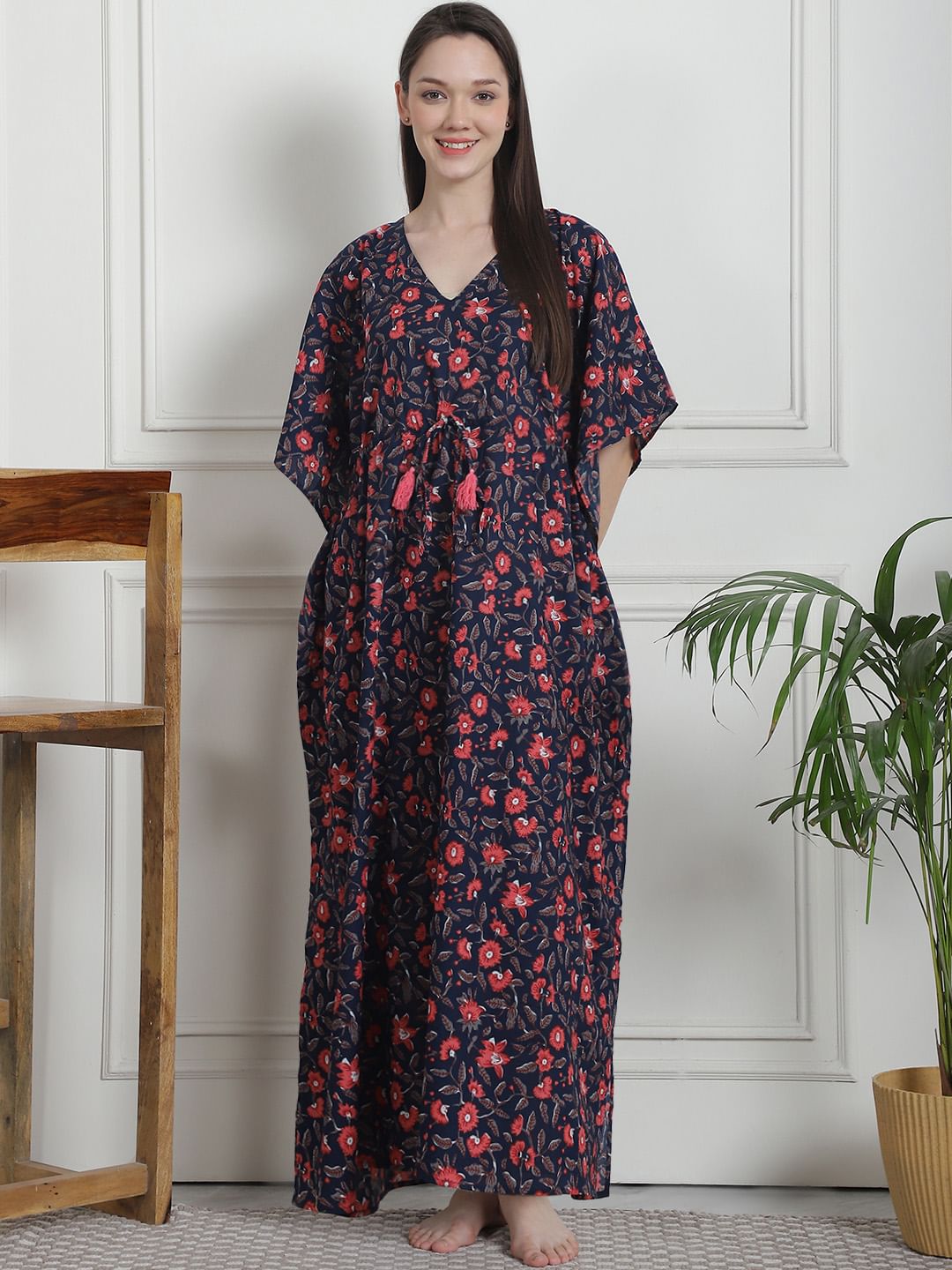 Floral Print Navy Blue Cotton Kaftan Nighty