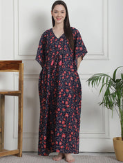 Floral Print Navy Blue Cotton Kaftan Nighty
