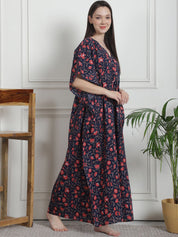 Floral Print Navy Blue Cotton Kaftan Nighty