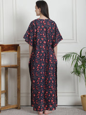 Floral Print Navy Blue Cotton Kaftan Nighty
