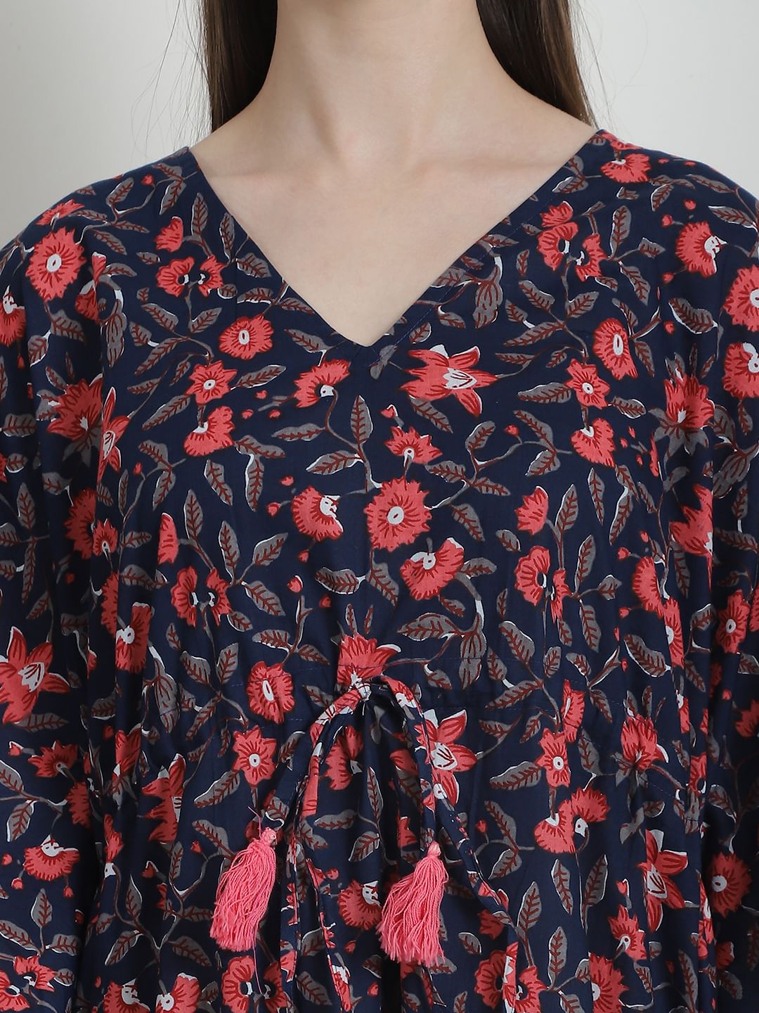 Floral Print Navy Blue Cotton Kaftan Nighty