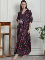 Floral Print Navy Blue Cotton Kaftan Nighty