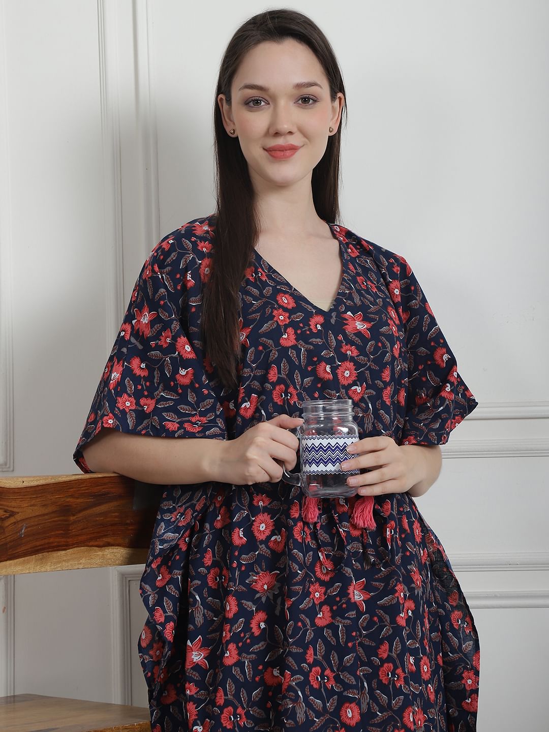 Floral Print Navy Blue Cotton Kaftan Nighty