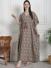 Floral Print Green Cotton Kaftan Nighty