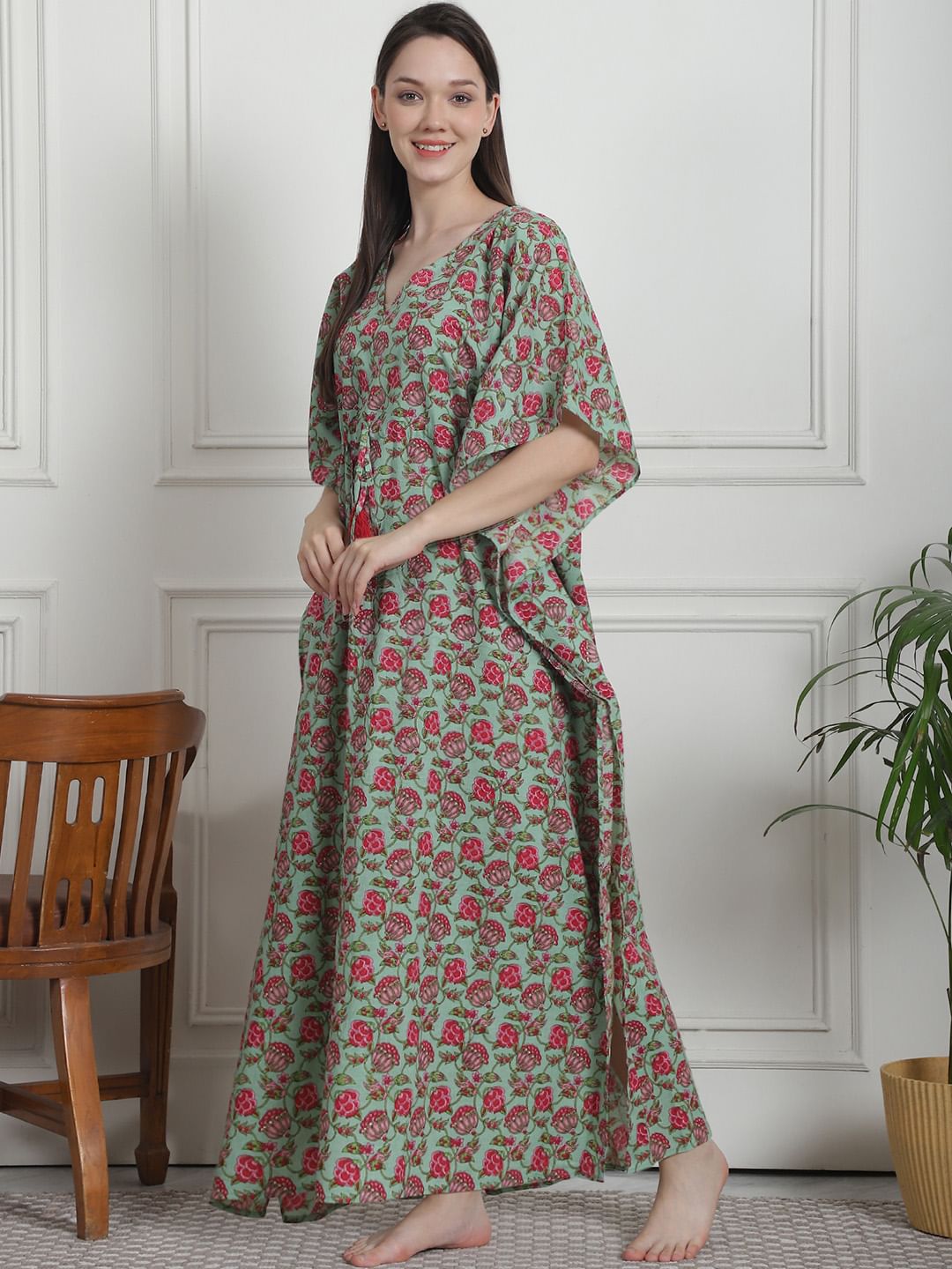 Floral Print Green Cotton Kaftan Nighty