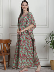 Floral Print Green Cotton Kaftan Nighty