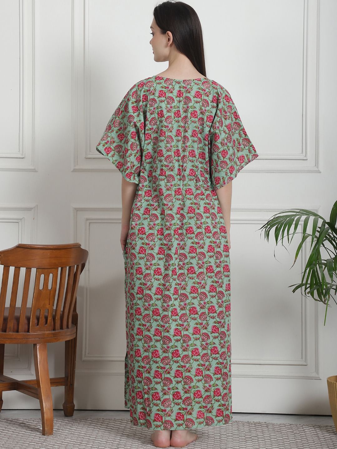 Floral Print Green Cotton Kaftan Nighty