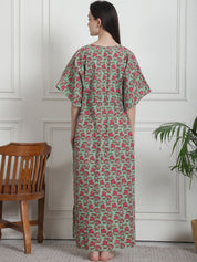 Floral Print Green Cotton Kaftan Nighty