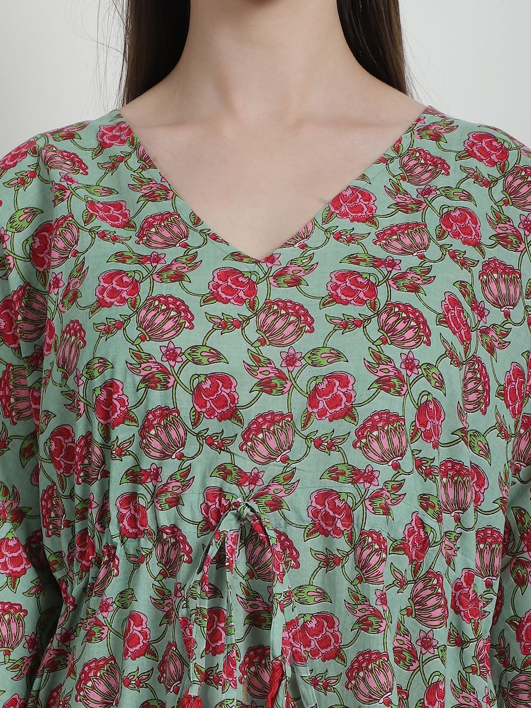 Floral Print Green Cotton Kaftan Nighty