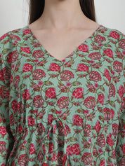 Floral Print Green Cotton Kaftan Nighty