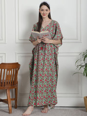 Floral Print Green Cotton Kaftan Nighty