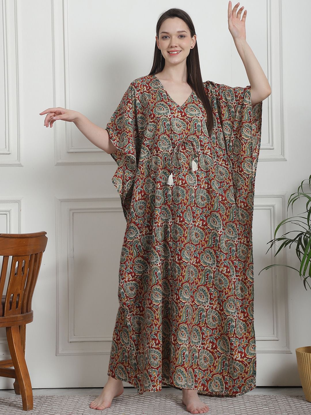 Floral Print Maroon Cotton Kaftan Nighty