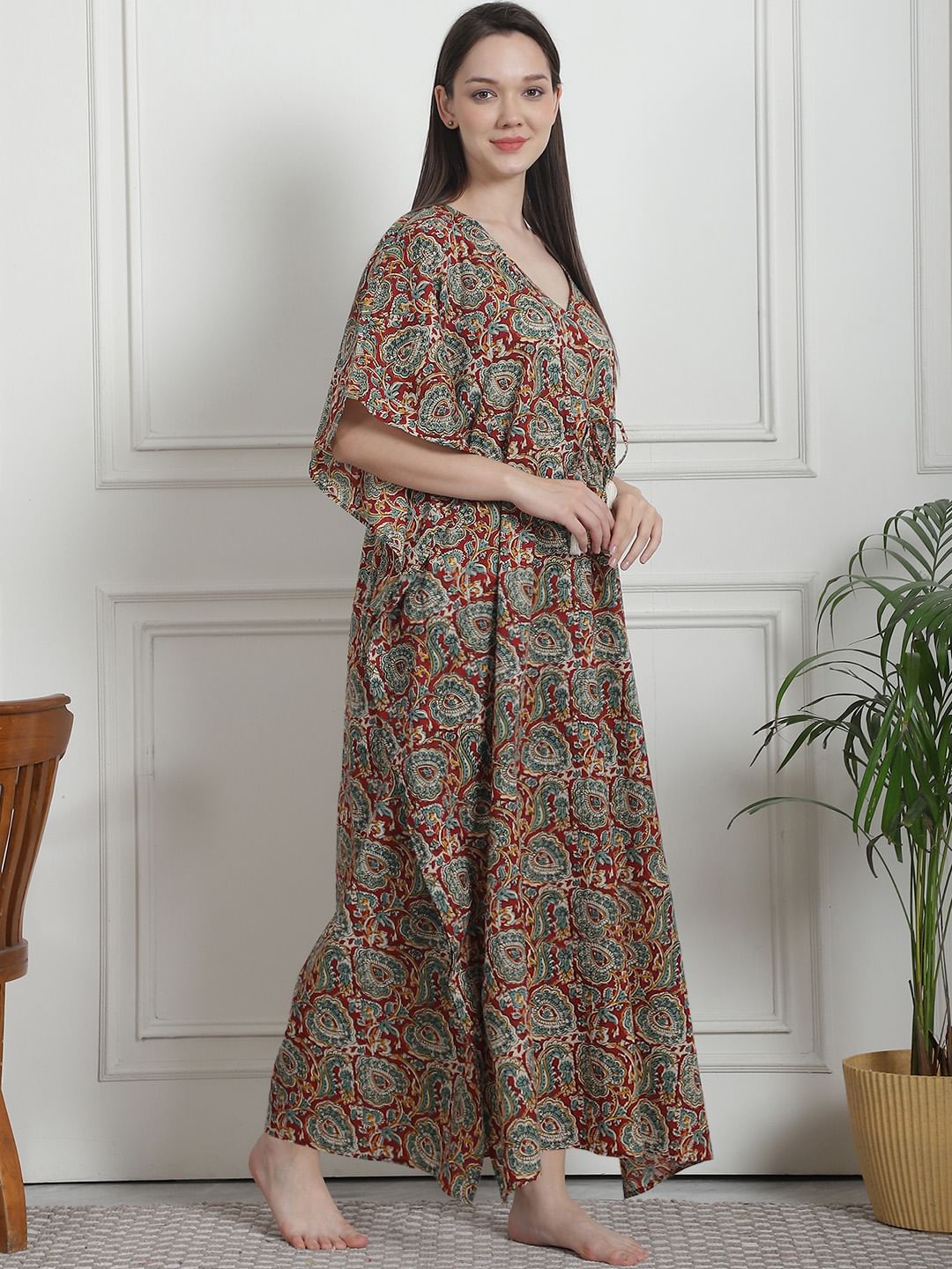 Floral Print Maroon Cotton Kaftan Nighty