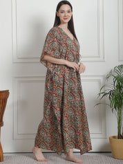 Floral Print Maroon Cotton Kaftan Nighty