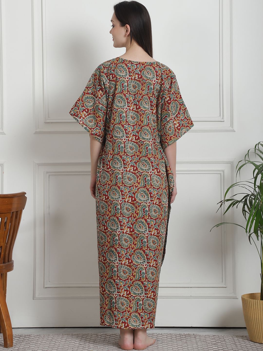 Floral Print Maroon Cotton Kaftan Nighty