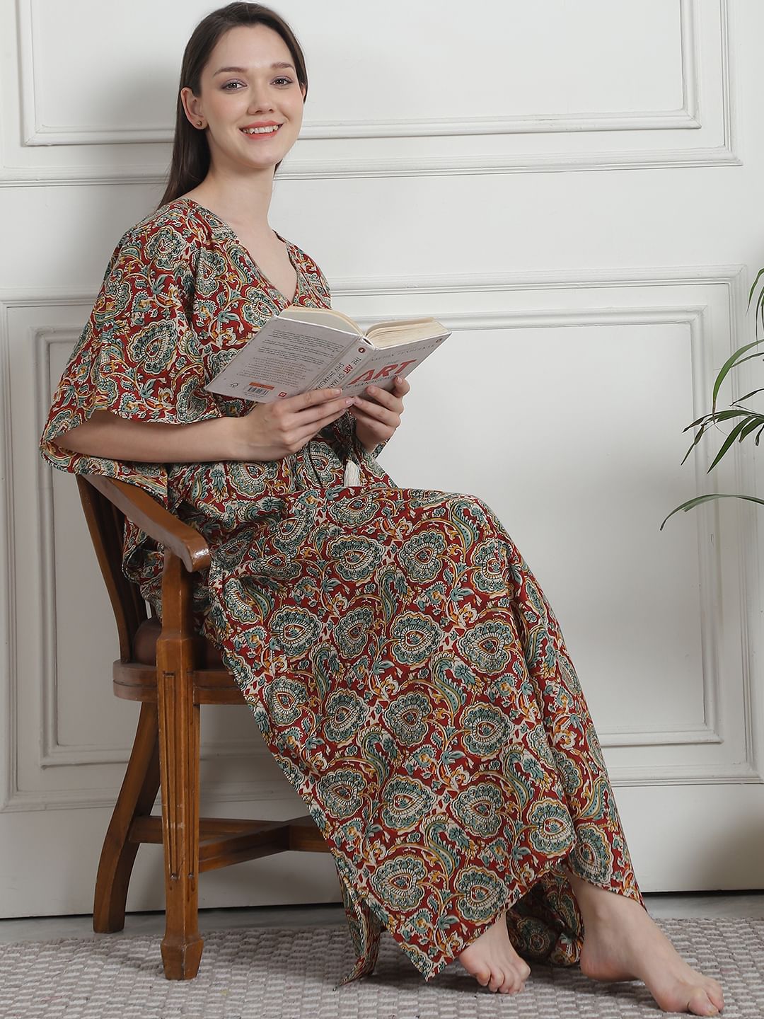 Floral Print Maroon Cotton Kaftan Nighty