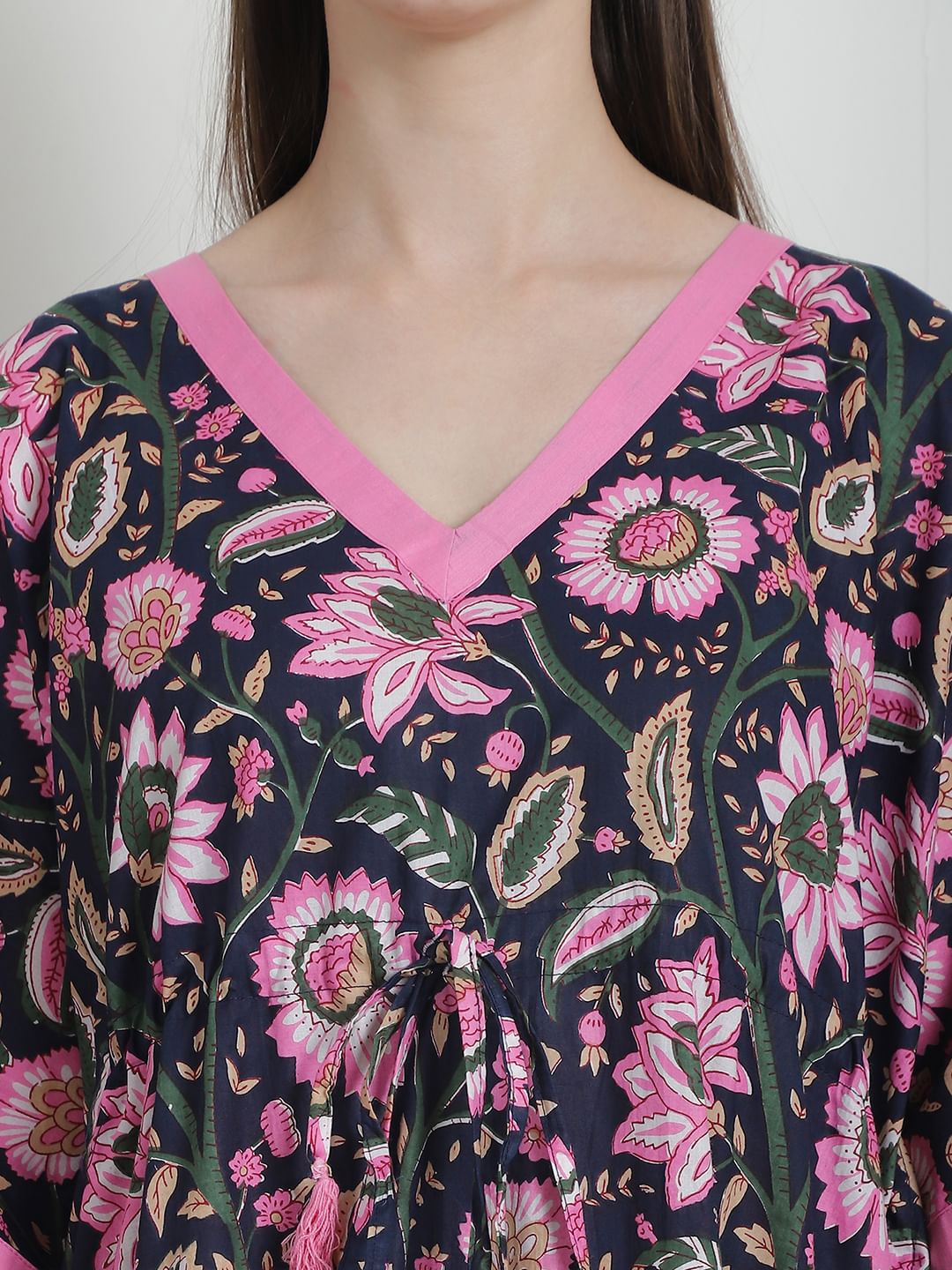 Floral Print Navy Blue Cotton Kaftan Nighty