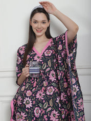 Floral Print Navy Blue Cotton Kaftan Nighty