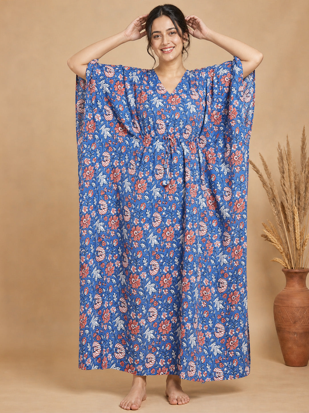 Blue Floral Cotton Kaftan