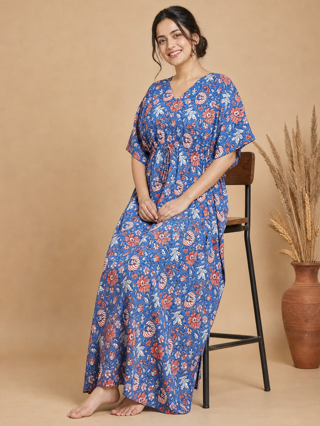 Blue Floral Cotton Kaftan