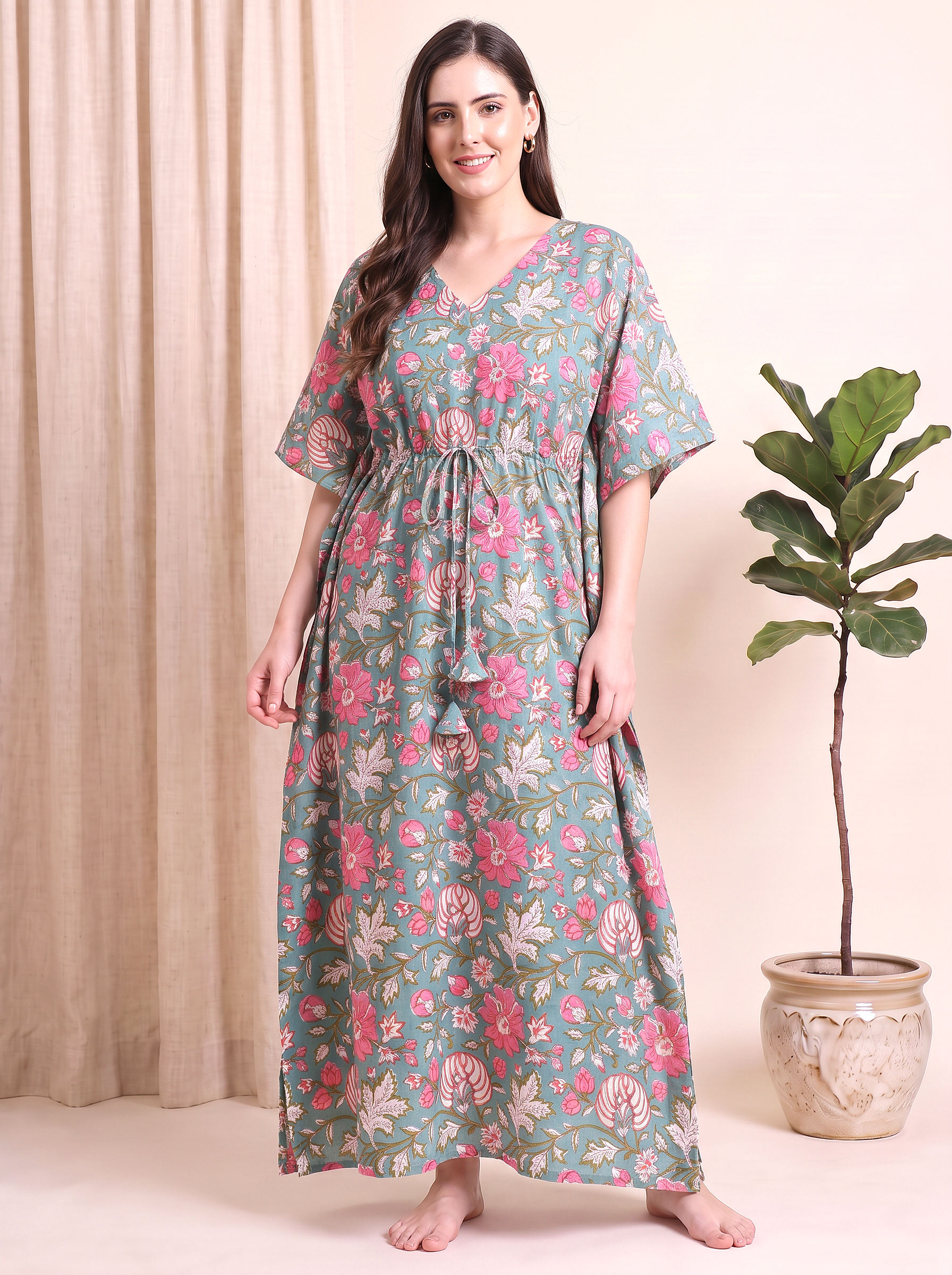 Green Floral Cotton Kaftan