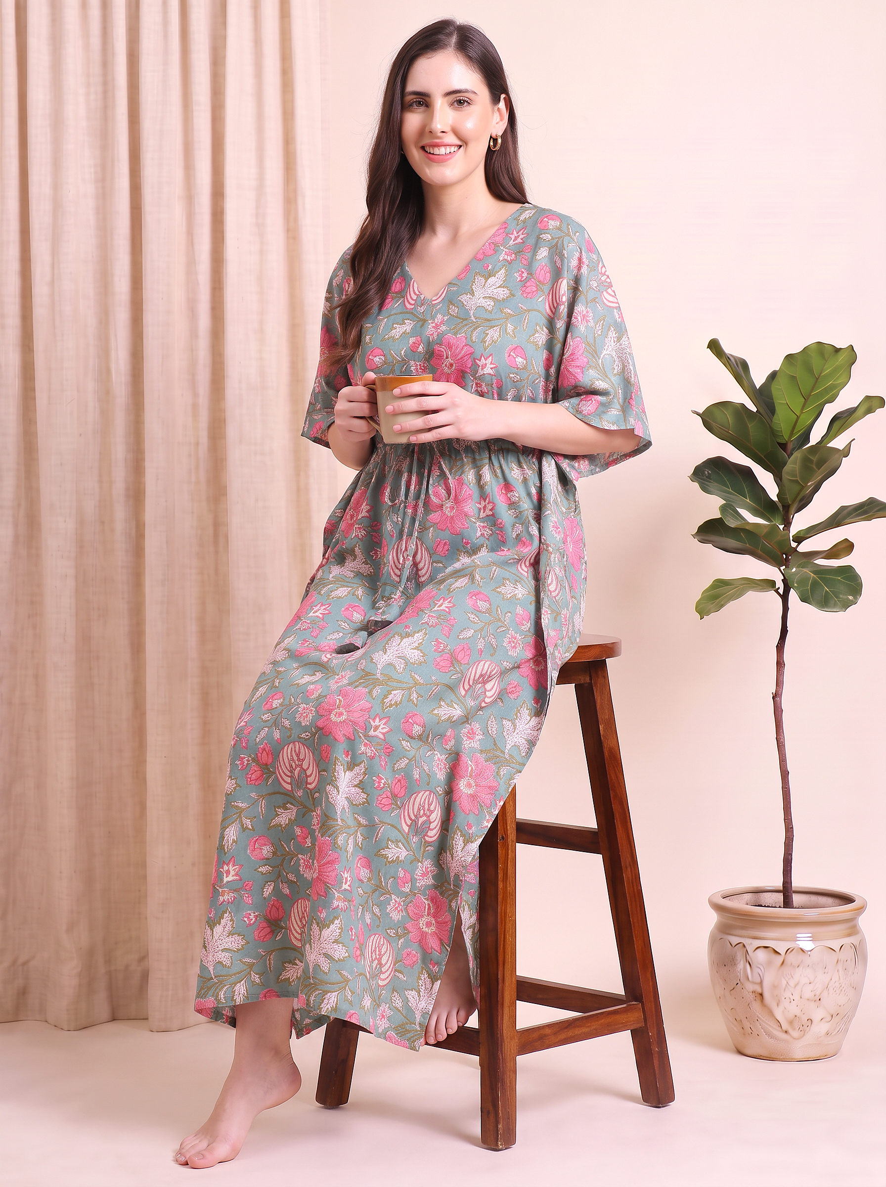 Green Floral Cotton Kaftan