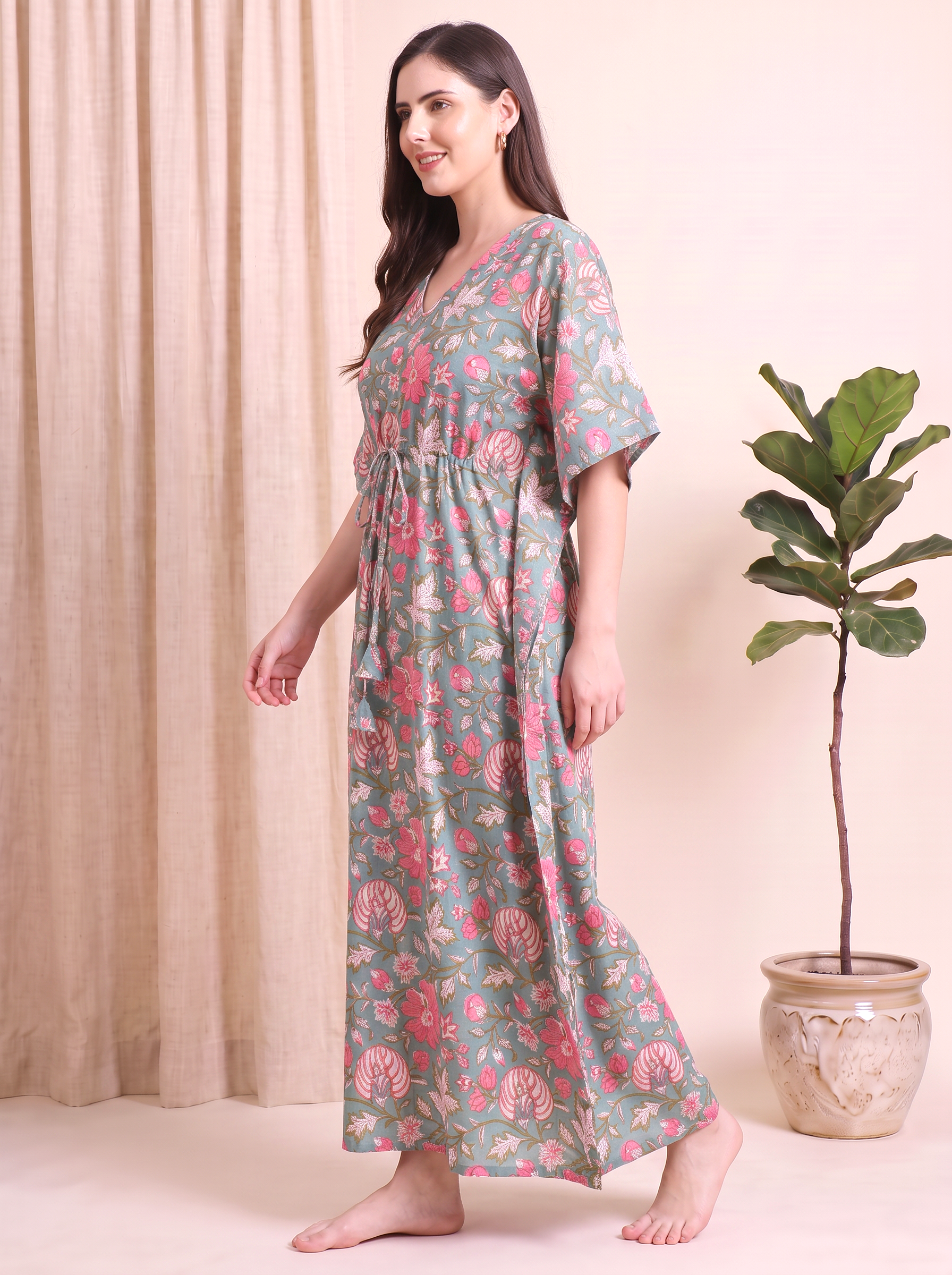 Green Floral Cotton Kaftan