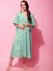 Sky Blue Sanganeri Print Maternity Kaftan Nightdress