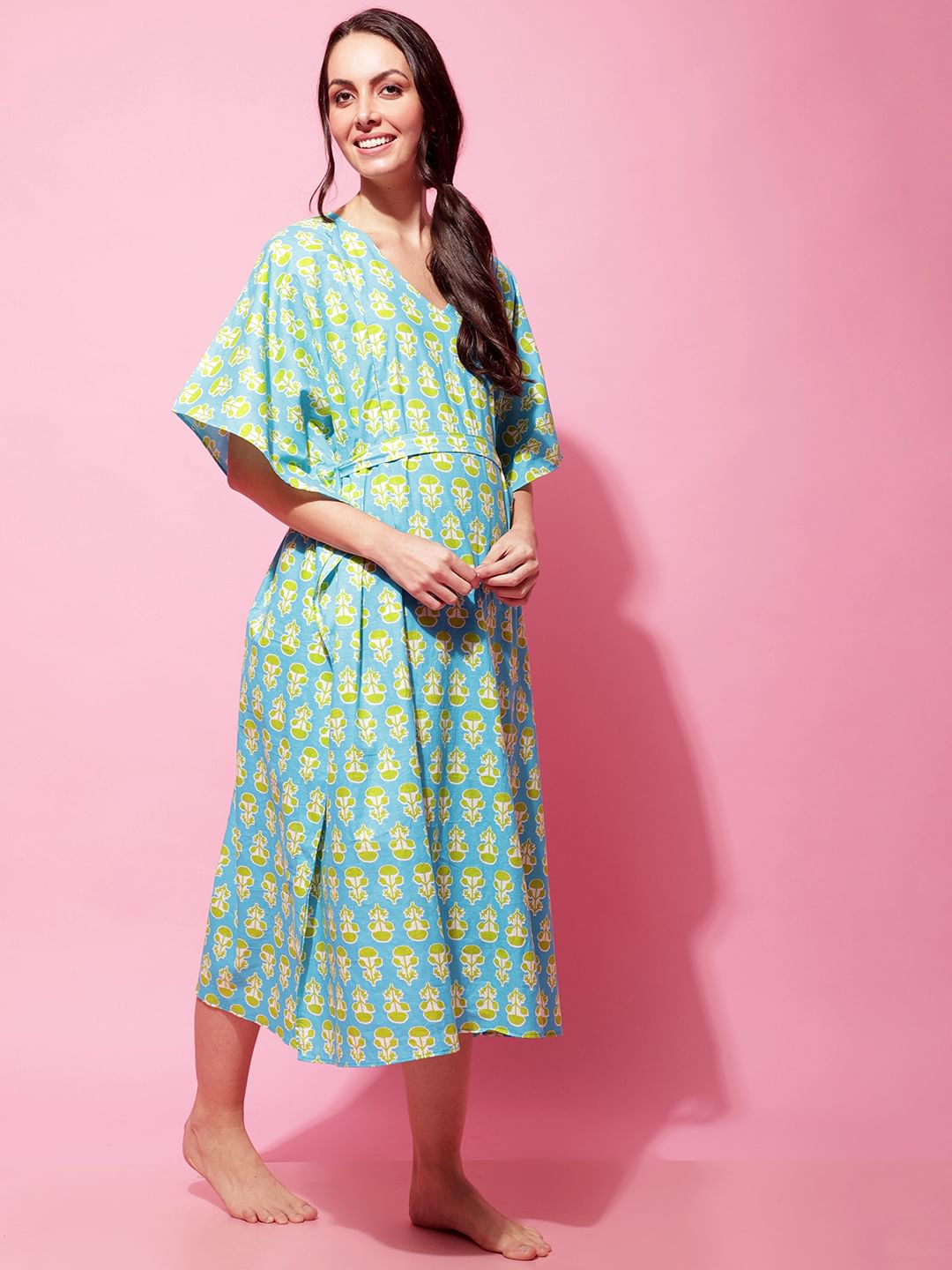 Sky Blue Sanganeri Print Maternity Kaftan Nightdress