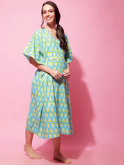 Sky Blue Sanganeri Print Maternity Kaftan Nightdress