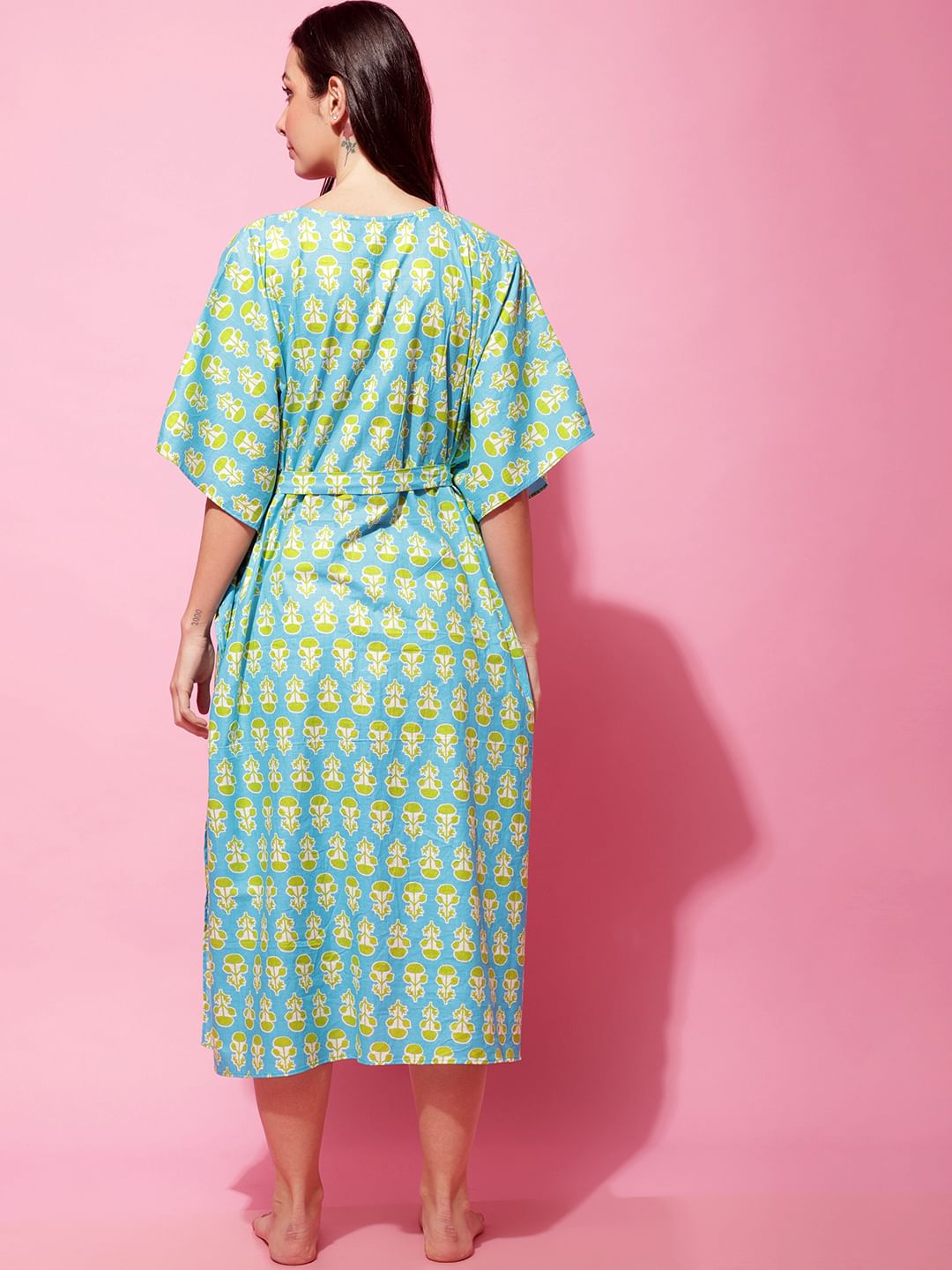 Sky Blue Sanganeri Print Maternity Kaftan Nightdress