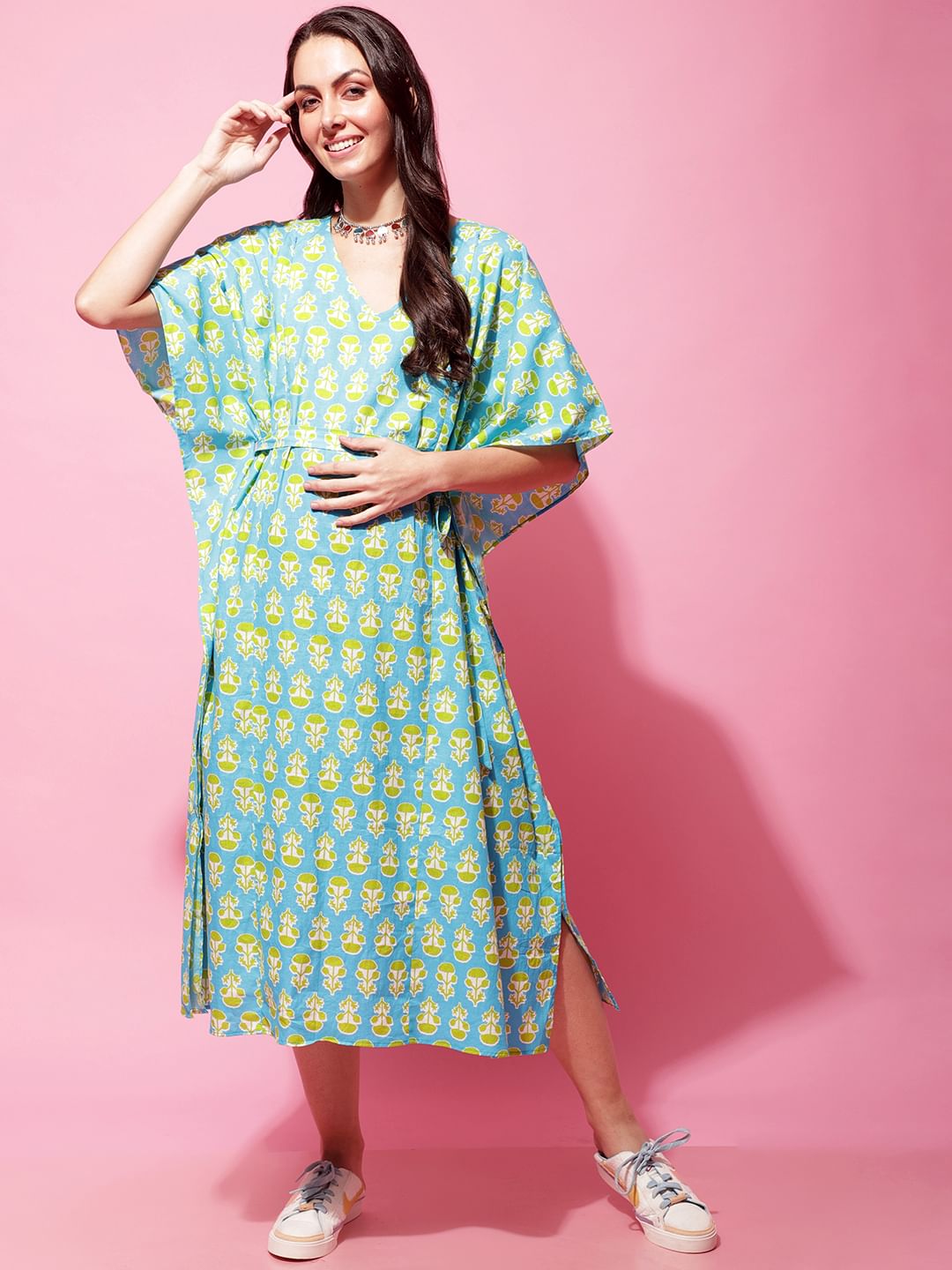 Sky Blue Sanganeri Print Maternity Kaftan Nightdress