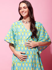Sky Blue Sanganeri Print Maternity Kaftan Nightdress
