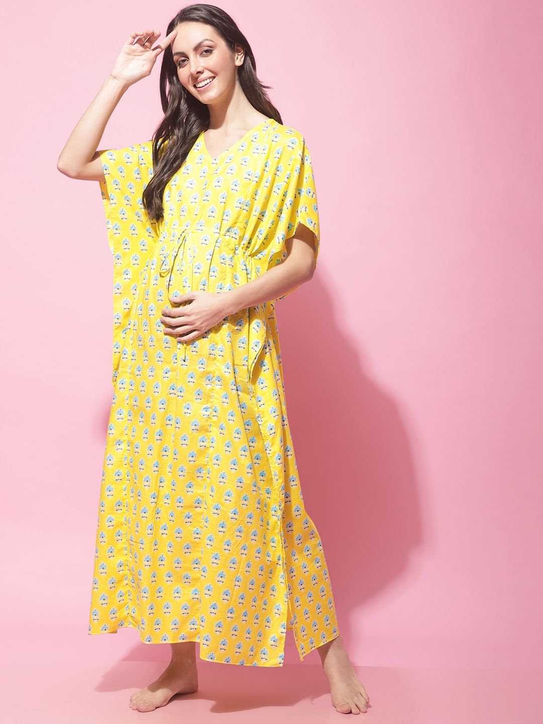 Yellow Sanganeri Print Maternity Kaftan Night Dress
