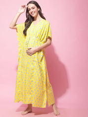 Yellow Sanganeri Print Maternity Kaftan Night Dress