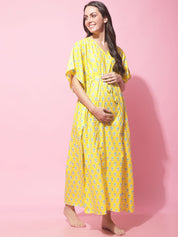 Yellow Sanganeri Print Maternity Kaftan Night Dress