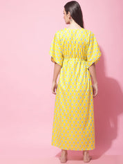 Yellow Sanganeri Print Maternity Kaftan Night Dress