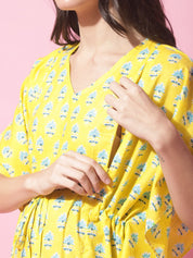 Yellow Sanganeri Print Maternity Kaftan Night Dress