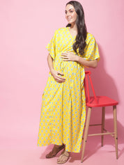 Yellow Sanganeri Print Maternity Kaftan Night Dress