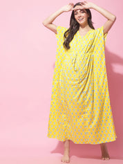 Yellow Sanganeri Print Maternity Kaftan Night Dress