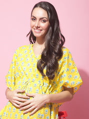 Yellow Sanganeri Print Maternity Kaftan Night Dress