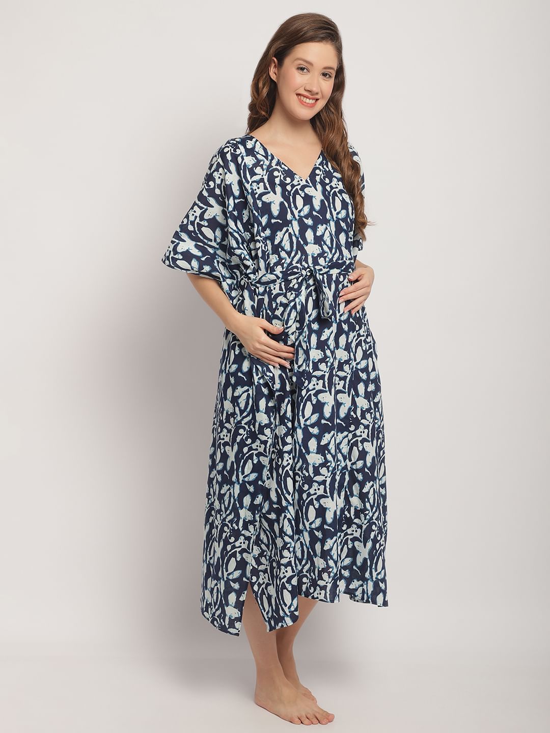 Blue Maternity Print Kaftan Nightdress