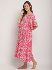 Pink Maternity ethnic Printed Kaftan Nightdress