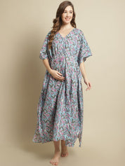 Sky Blue Floral printed Maternity Kaftan Nightdress