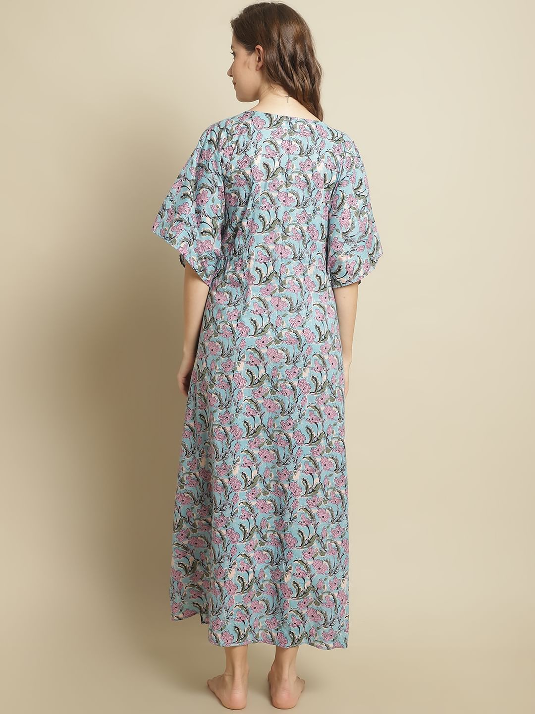 Sky Blue Floral printed Maternity Kaftan Nightdress