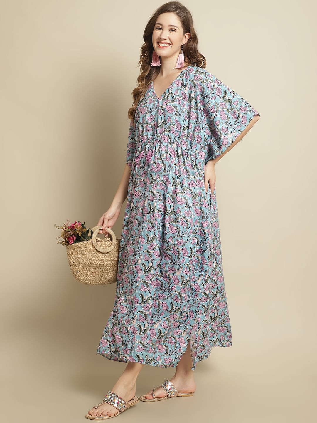 Sky Blue Floral printed Maternity Kaftan Nightdress